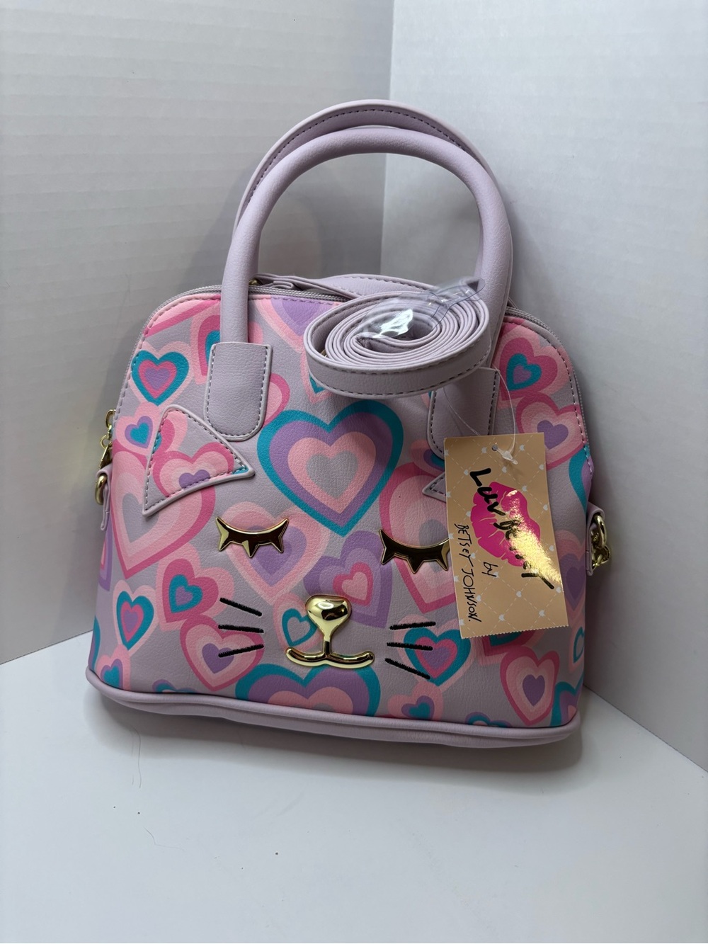 Luv Betsey Johnson cat-face W colorful Hearts Print Pink Satchel bag